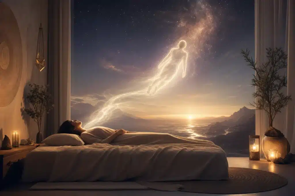 Voyage astral — sortie hors du corps dans une atmosphère lumineuse et apaisante