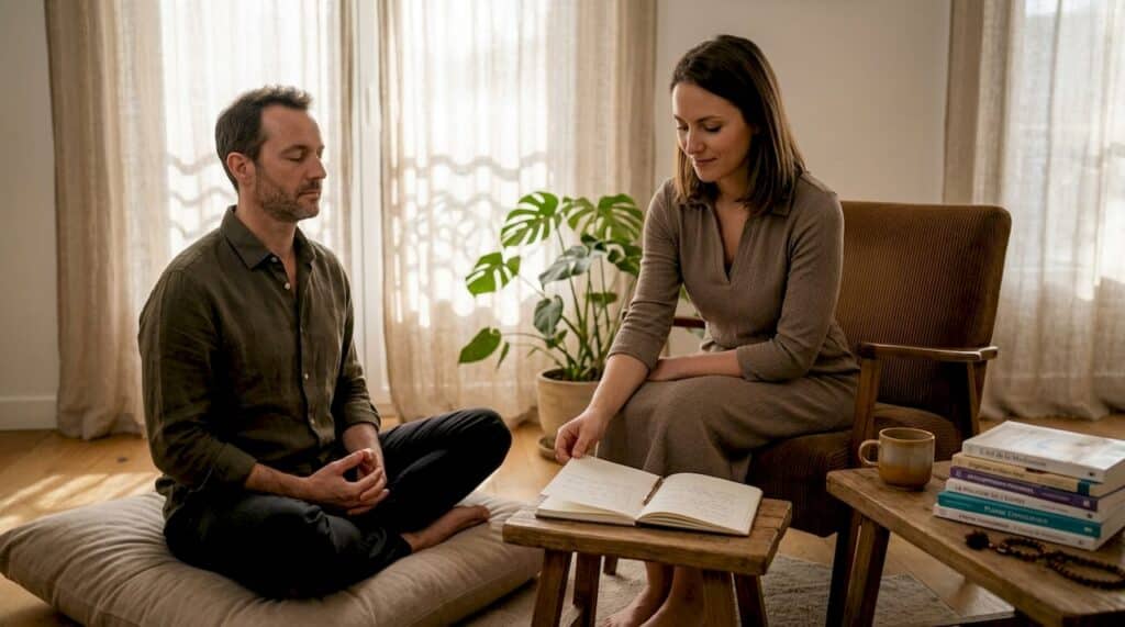 Un hypnothérapeute accompagne son client dans une atmosphère chaleureuse, installé confortablement dans un salon apaisant.