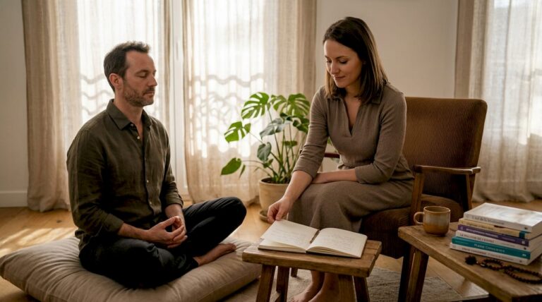 Un hypnothérapeute accompagne son client dans une atmosphère chaleureuse, installé confortablement dans un salon apaisant.