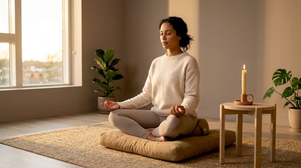 Une femme profite d’un moment de méditation dans un salon à l’atmosphère sereine.