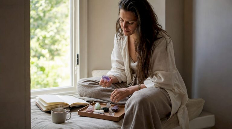 Une femme en pleine méditation, entourée de pierres énergétiques disposées sur la table devant elle.