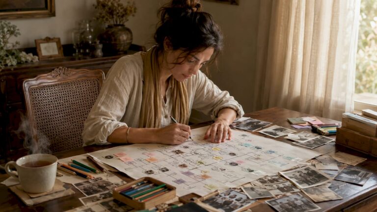 Une femme en train de reconstituer l’histoire de sa famille autour de la table de la salle à manger.