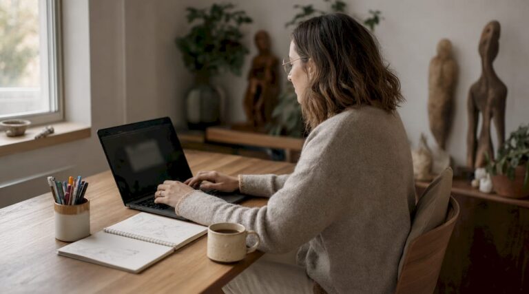 Un hypnothérapeute en pleine séance de travail sur son ordinateur, installé à son bureau.