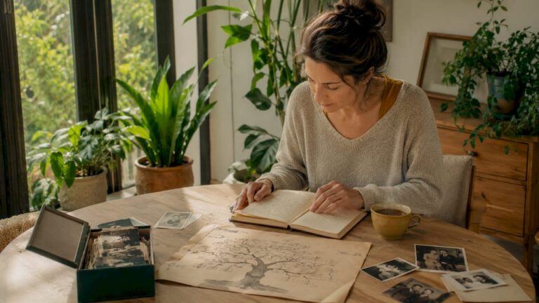 Une femme plongée dans l'exploration de son carnet de psychogénéalogie, à la découverte des secrets et des histoires de sa famille.
