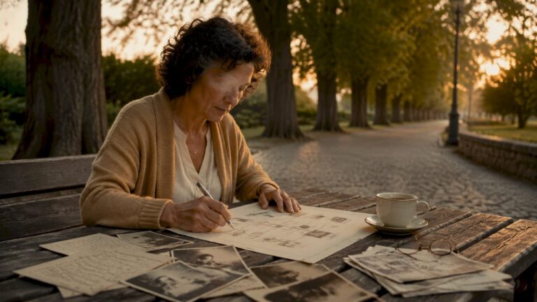 Une femme s’installe à sa table pour dessiner l’arbre généalogique de sa famille.