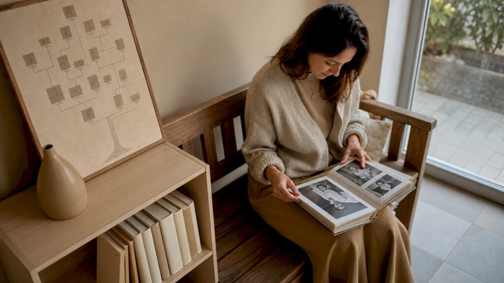 Une femme échange avec son thérapeute, feuilletant un album de famille pour évoquer ses souvenirs.