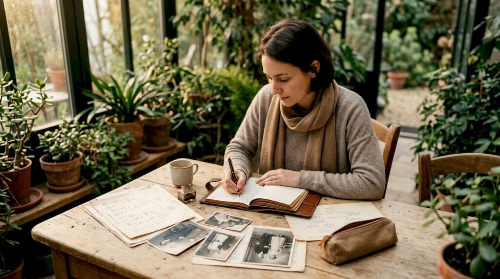 Une femme plongée dans la recherche de ses origines, installée à son bureau à la maison.