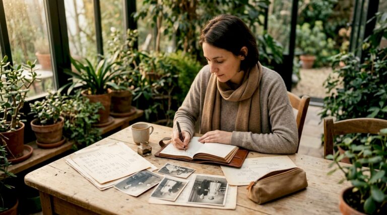 Une femme plongée dans la recherche de ses origines, installée à son bureau à la maison.