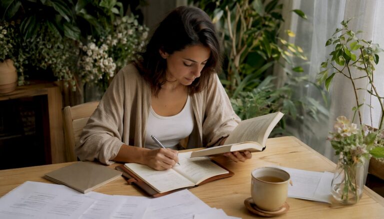 Assise à son bureau, une femme se plonge dans la lecture de plusieurs ouvrages sur la psychogénéalogie.