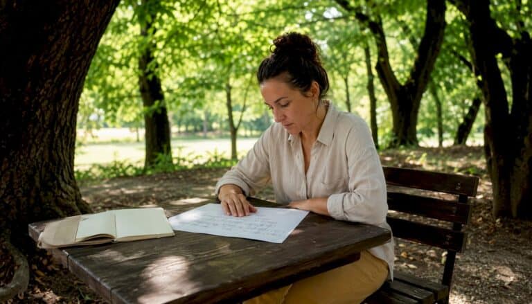 Une femme explore l’histoire de sa famille en consultant son arbre généalogique depuis chez elle.