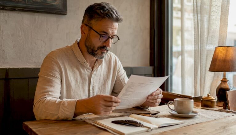 Chez lui, un praticien en hypnose prend le temps de consulter une facture qu’il vient de recevoir, attentive à chaque détail.