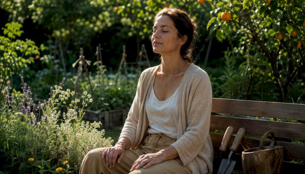 Une femme assise en pleine nature, profitant du calme de la forêt pour méditer.