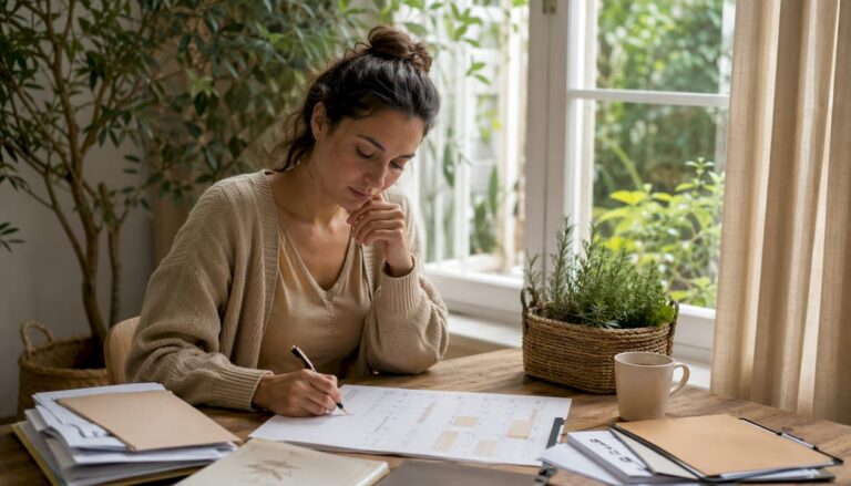 Un hypnothérapeute organise son emploi du temps depuis son bureau, planifiant les rendez-vous de la semaine à venir.